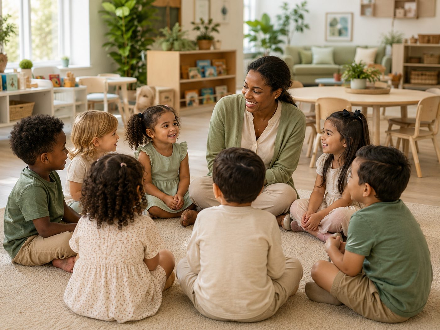 Warm classroom interior with children reading books in cozy reading corner