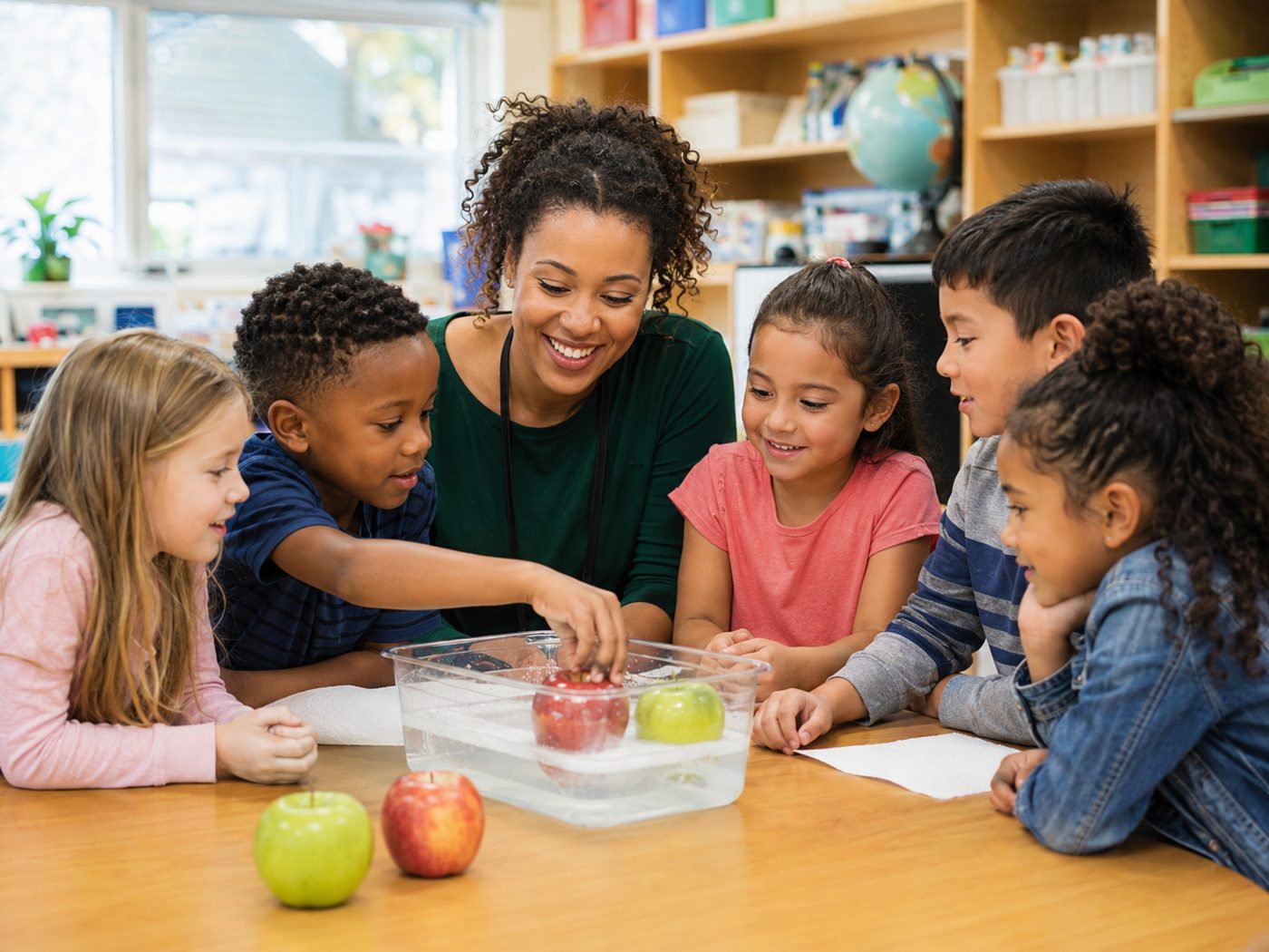 Natural materials: wooden puzzles, pinecones, and wool felt on open classroom shelves
